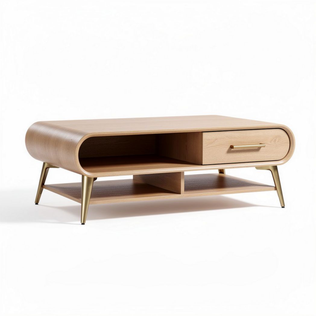 Table basse en bois clair avec rangement et pieds en métal or 120 x 60 x 40cm