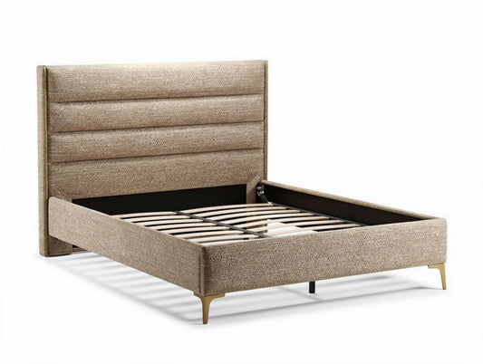 Lit rembourré en tissu beige avec tête de lit moderne 200 x 160 x 35cm