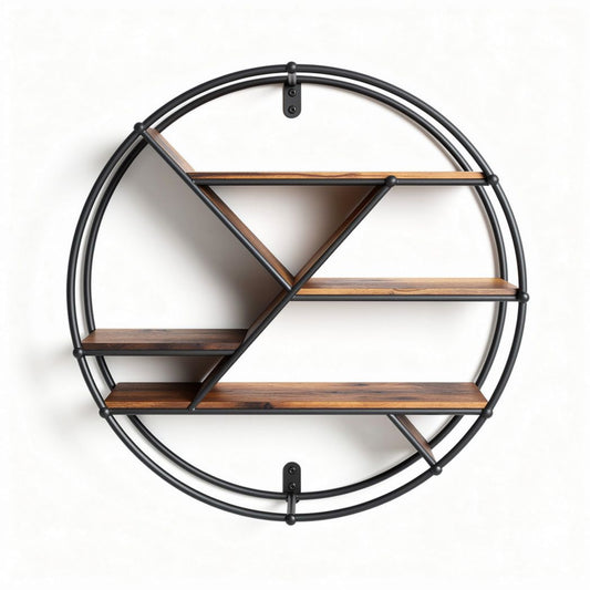Étagère murale en bois et métal rond diamètre 60cm avec quatre étagères
