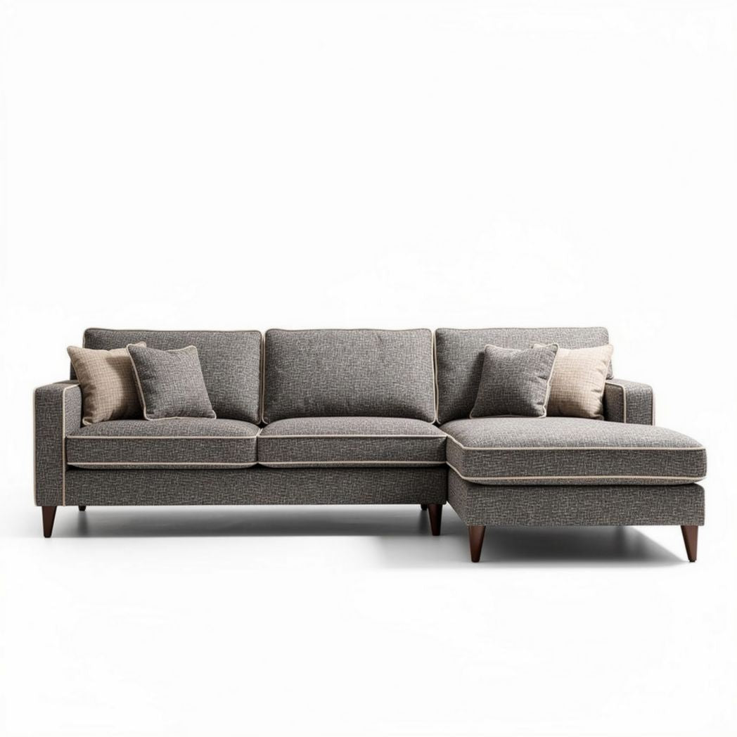 Canapé d'angle en tissu gris avec coussins décoratifs 240 x 90 x 85cm