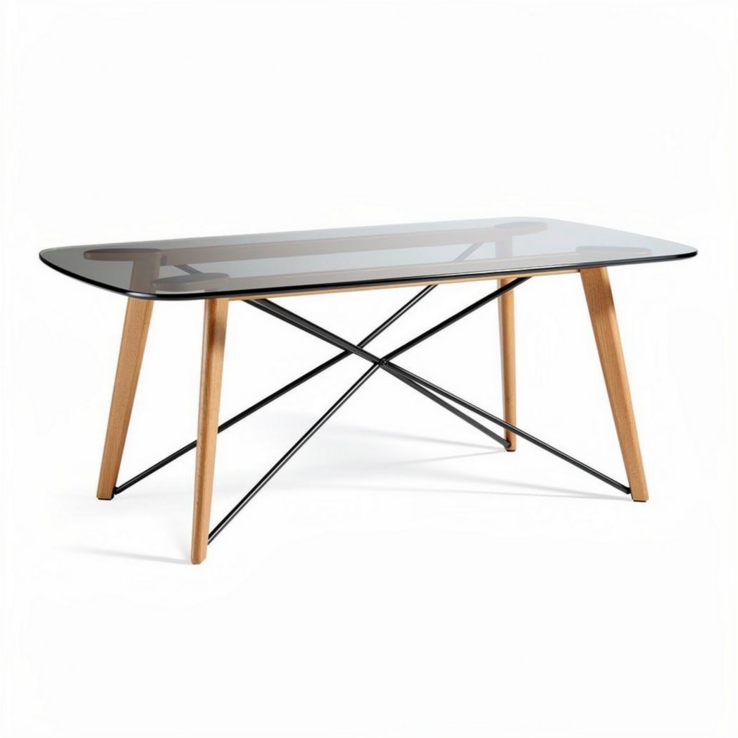 Table rectangulaire en verre teinté et bois de chêne 160 x 80 x 75cm