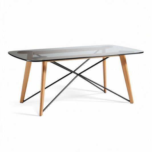 Table rectangulaire en verre teinté et bois de chêne 160 x 80 x 75cm